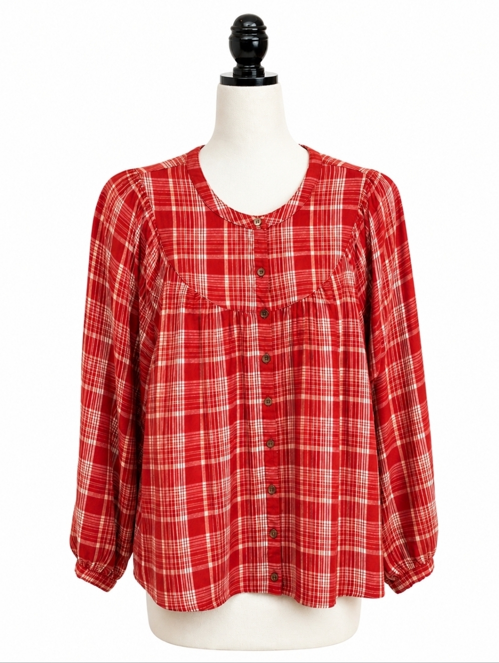 Madewell Women's Red Plaid Balloon Sleeve Button Down Peasant Top Sz XS Boho